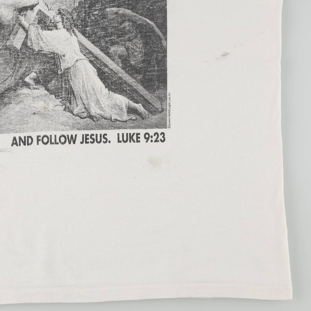 90'S ONITA GUSTAVE DORE Gustave Dore Art T-shirt, Men's XL equivalent, featuring Jesus falling beneath the cross, Vintage. unclear white type Vintage Second Hand