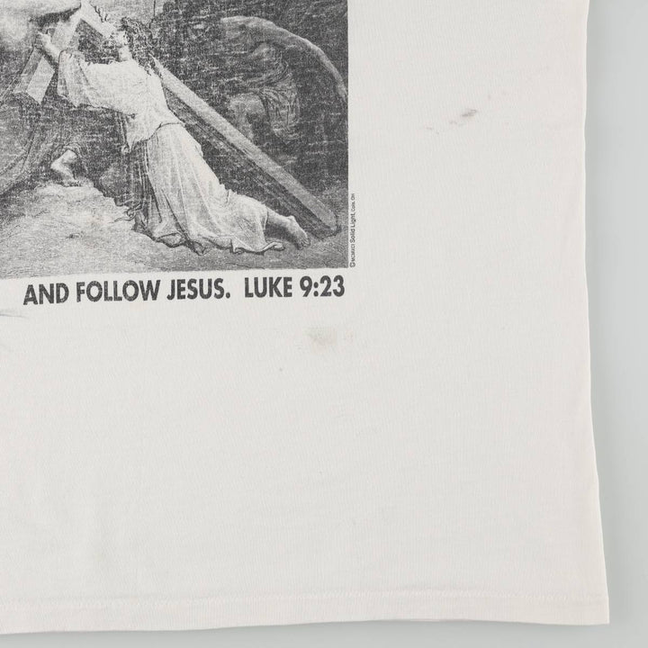90'S ONITA GUSTAVE DORE Gustave Dore Art T-shirt, Men's XL equivalent, featuring Jesus falling beneath the cross, Vintage. unclear white type Vintage Second Hand