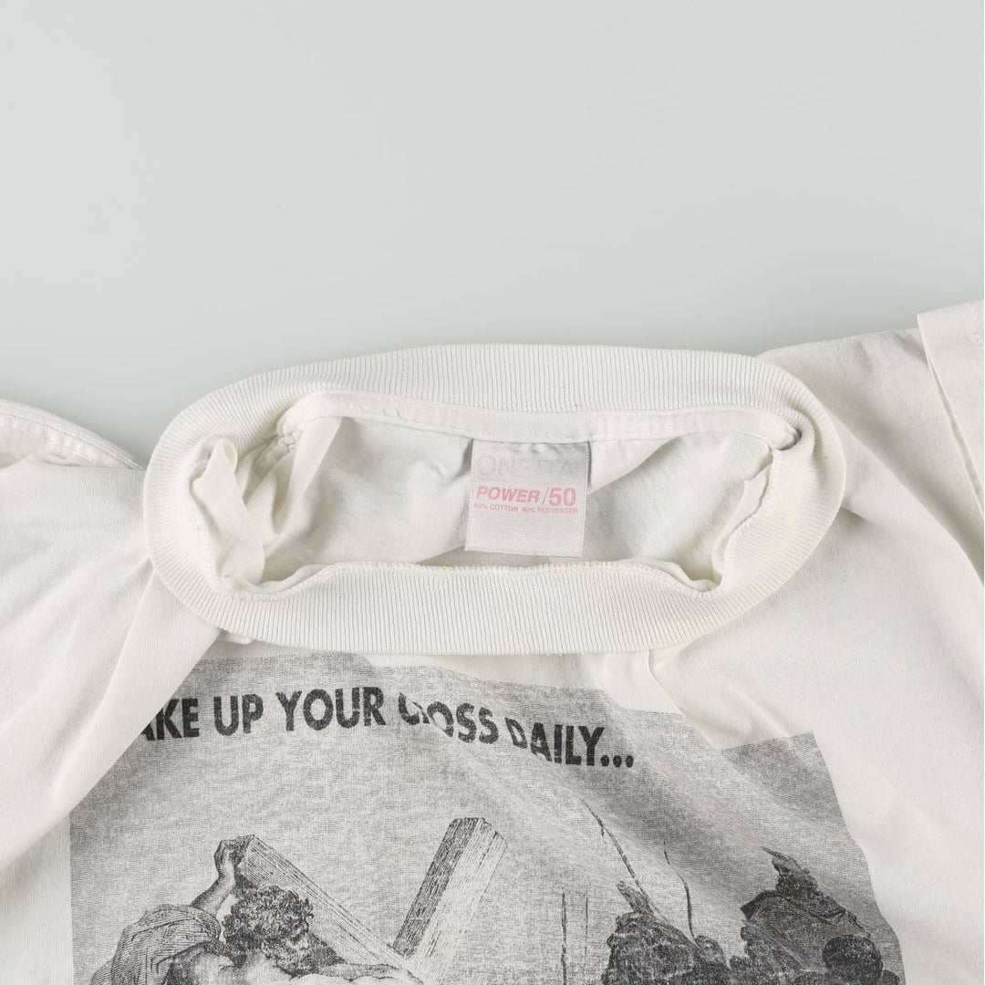 90'S ONITA GUSTAVE DORE Gustave Dore Art T-shirt, Men's XL equivalent, featuring Jesus falling beneath the cross, Vintage. unclear white type Vintage Second Hand