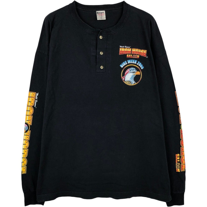 2000'S Murina Eagle Pattern Henley Neck Long-Sleeve T-Shirt, Made in USA, Men's XXL equivalent. cotton black type Vintage Second Hand