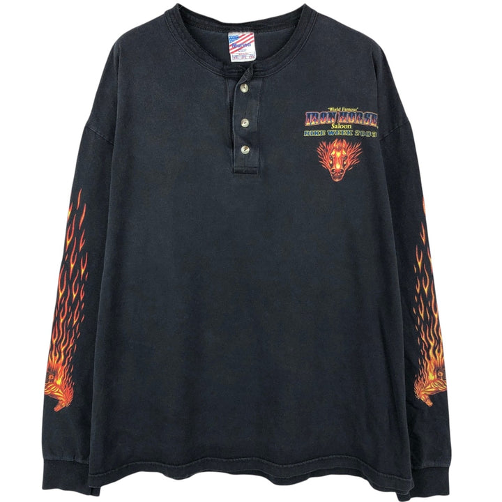 90s-00'S Murina Fire Pattern Henley Neck Long-Sleeve T-Shirt, Made in USA, Men's XXL Equivalent, Vintage cotton black type Vintage Second Hand