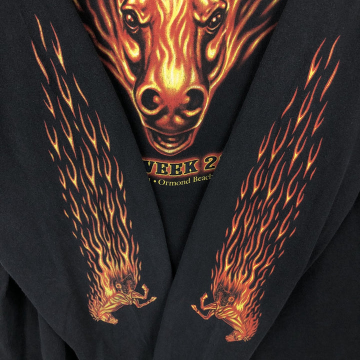 90s-00'S Murina Fire Pattern Henley Neck Long-Sleeve T-Shirt, Made in USA, Men's XXL Equivalent, Vintage cotton black type Vintage Second Hand