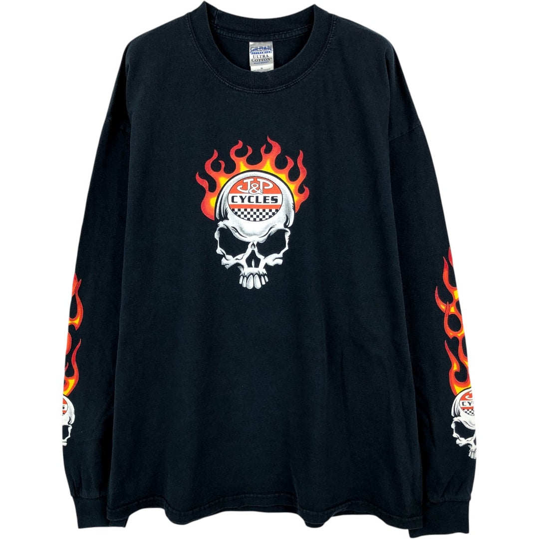90'S Gildan Fire Pattern Skull Pattern Motorcycle Long-Sleeve T-Shirt (Men's XL equivalent) cotton black type Vintage Second Hand