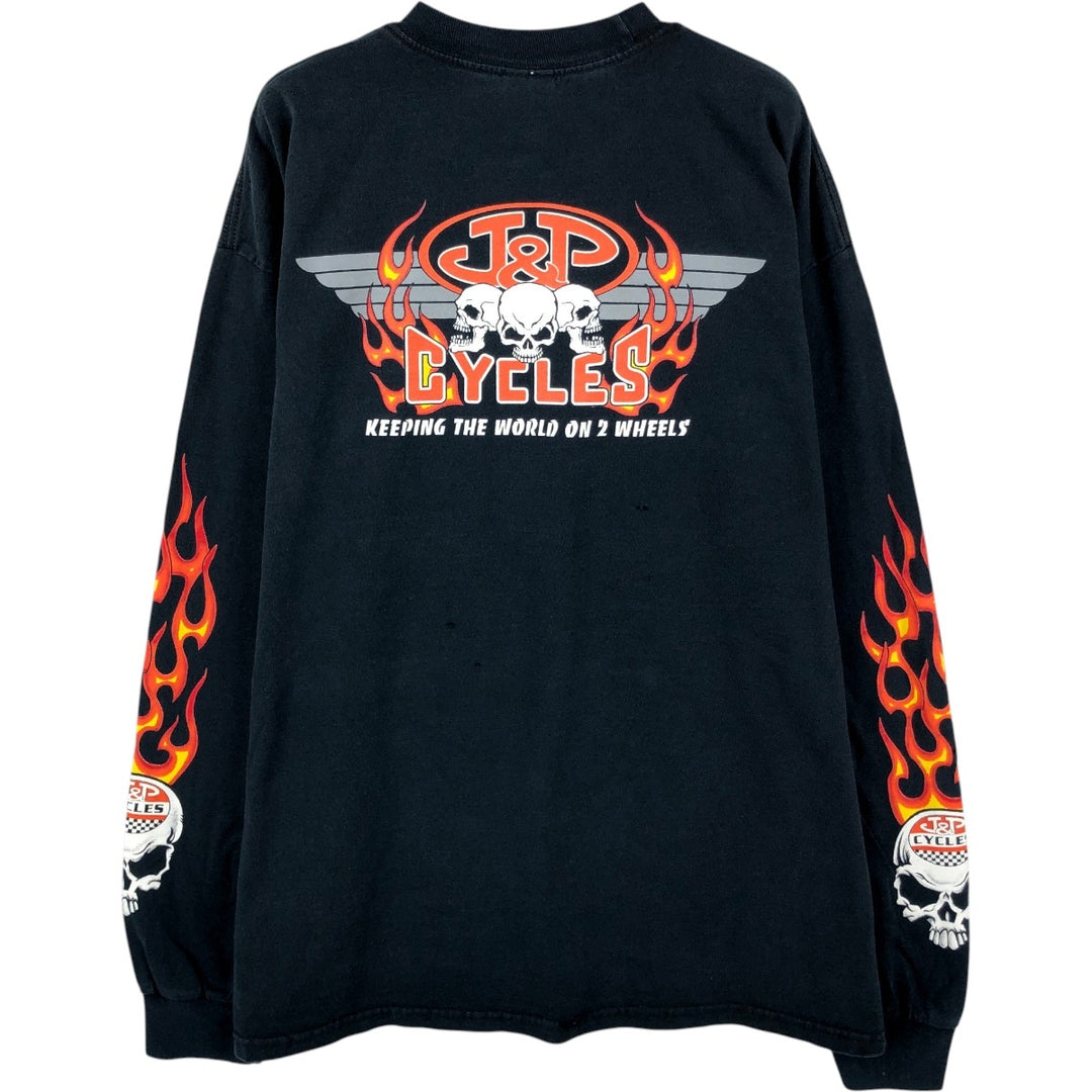 90'S Gildan Fire Pattern Skull Pattern Motorcycle Long-Sleeve T-Shirt (Men's XL equivalent) cotton black type Vintage Second Hand