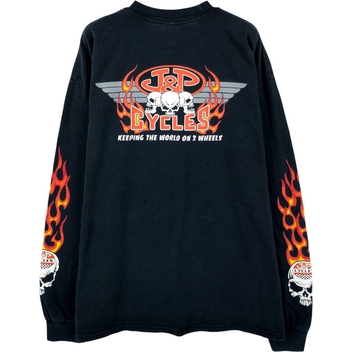 90'S Gildan Fire Pattern Skull Pattern Motorcycle Long-Sleeve T-Shirt (Men's XL equivalent) cotton black type Vintage Second Hand