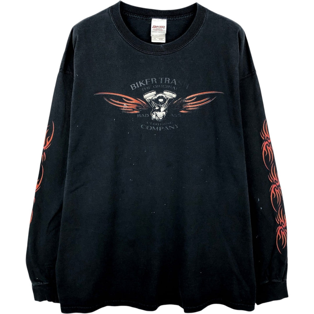 BIKER TRASH Skull Pattern Motorcycle Long-Sleeve T-Shirt (Men's XXL equivalent) cotton black type Vintage Second Hand