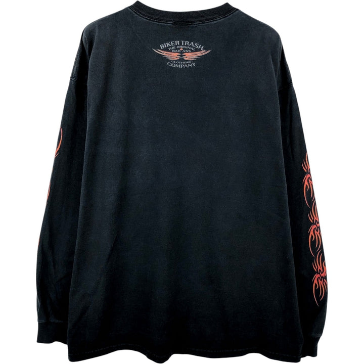 BIKER TRASH Skull Pattern Motorcycle Long-Sleeve T-Shirt (Men's XXL equivalent) cotton black type Vintage Second Hand