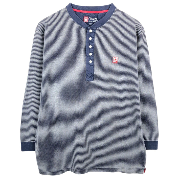 Ralph Lauren CHAPS Stripe Pattern Henley Neck Long-Sleeve T-Shirt (Men's Size L) cotton navy blue type Vintage Second Hand