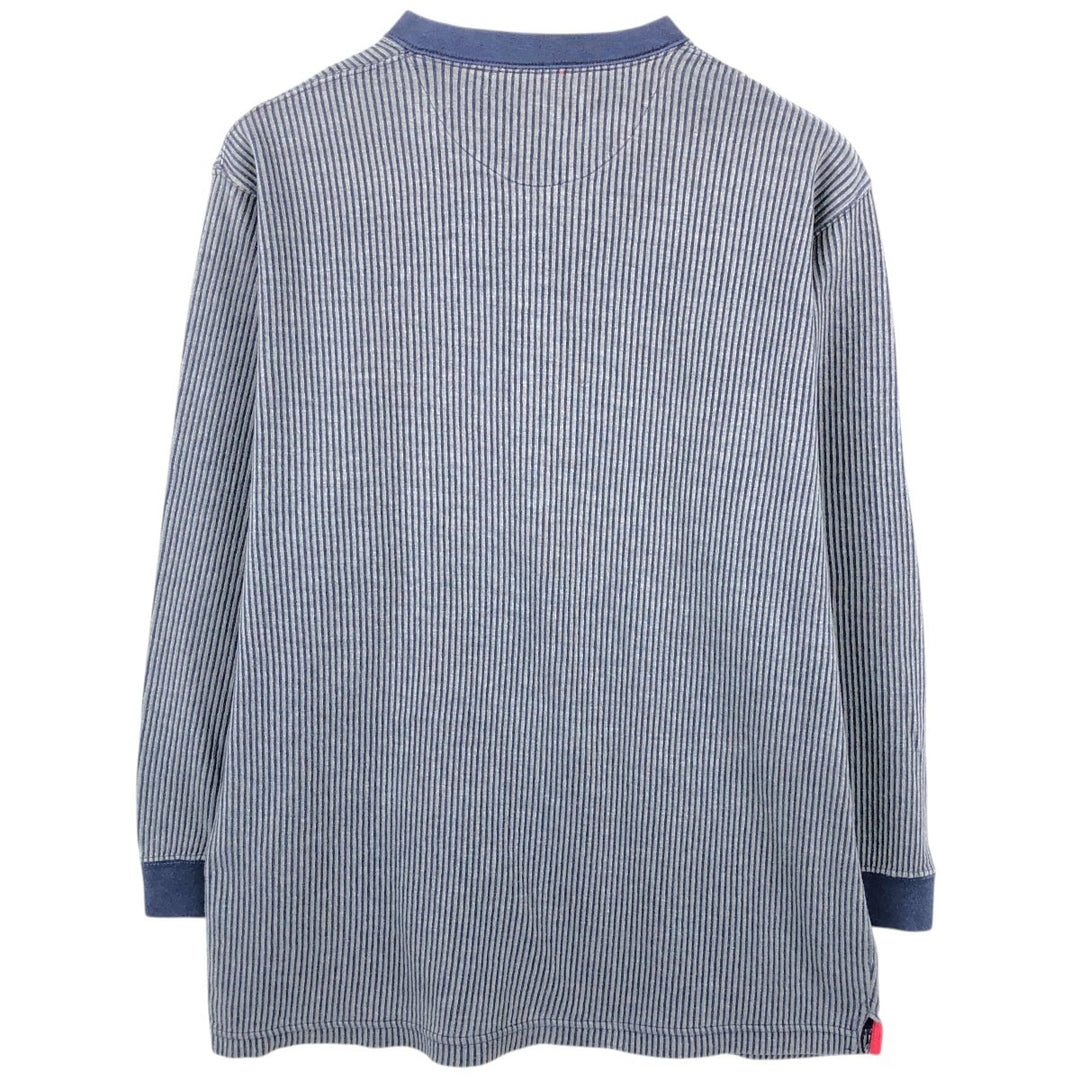 Ralph Lauren CHAPS Stripe Pattern Henley Neck Long-Sleeve T-Shirt (Men's Size L) cotton navy blue type Vintage Second Hand