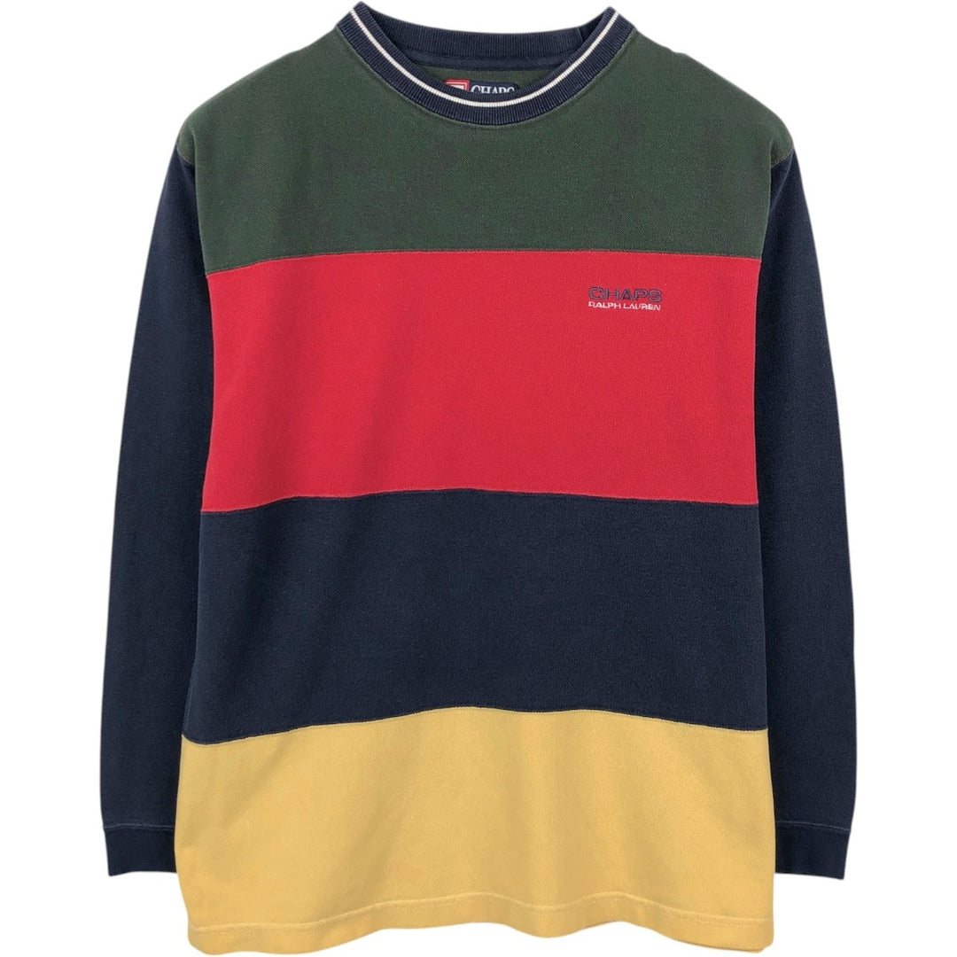 Ralph Lauren CHAPS striped pattern pique long-sleeved T-shirt (Men's size L equivalent) cotton navy blue type Vintage Second Hand