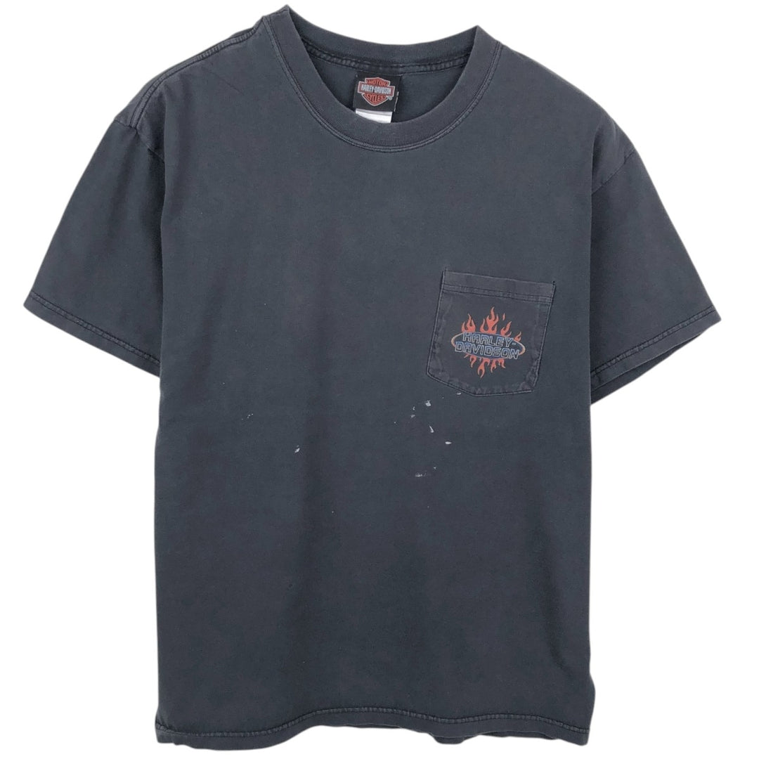 Harley-Davidson Fire Pattern Motorcycle Bike T-Shirt Made in USA Men's L size cotton black type Vintage Second Hand
