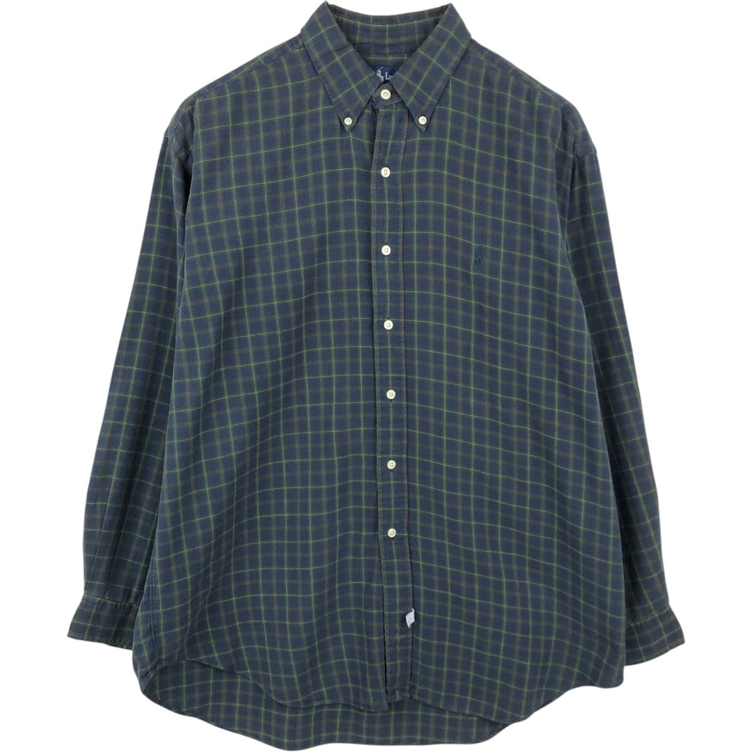 Ralph Lauren long sleeve button down check shirt, men's size L cotton navy blue type Vintage Second Hand