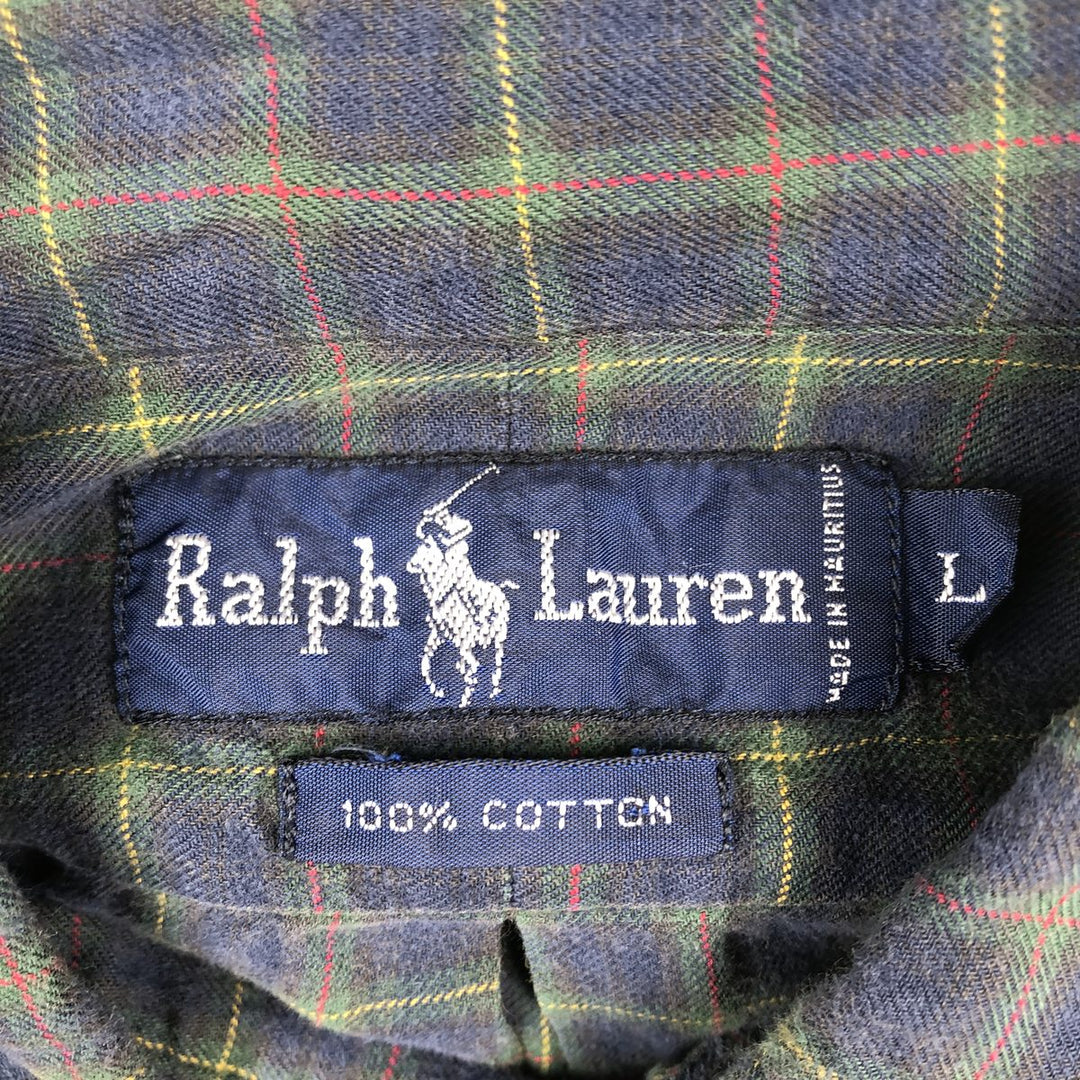 Ralph Lauren long sleeve button down check shirt, men's size L cotton navy blue type Vintage Second Hand