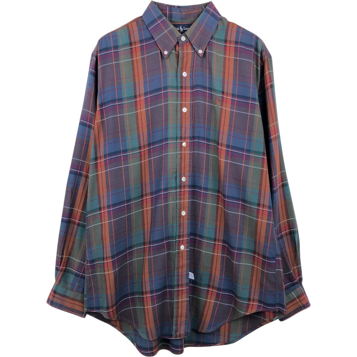 Ralph Lauren long sleeve button down check shirt, men's size L cotton navy blue type Vintage Second Hand