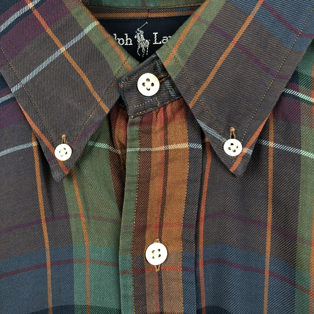 Ralph Lauren long sleeve button down check shirt, men's size L cotton navy blue type Vintage Second Hand