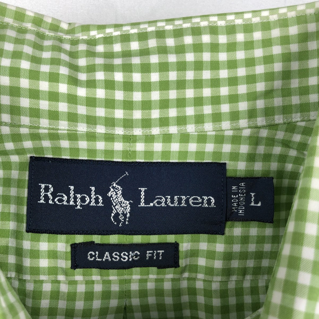Ralph Lauren Classic Fit Gingham Check Long Sleeve Button-Down Check Shirt, Men's Size L (approx.) cotton green type yellow green Vintage Second Hand