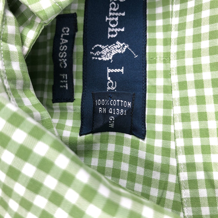 Ralph Lauren Classic Fit Gingham Check Long Sleeve Button-Down Check Shirt, Men's Size L (approx.) cotton green type yellow green Vintage Second Hand