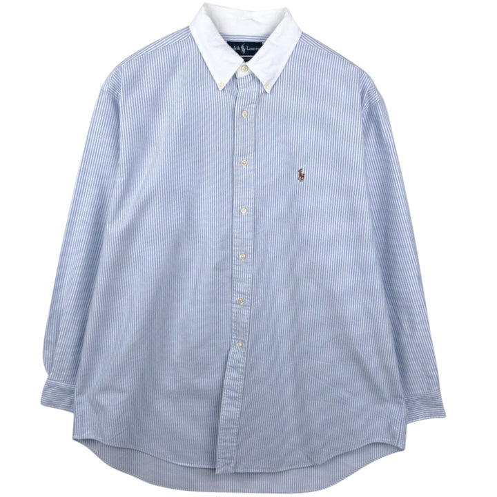Ralph Lauren YARMOUTH Long-Sleeve Button-Down Striped Shirt, Cleric Shirt, Men's Size XL (approx.) cotton Blue type light blue Vintage Second Hand