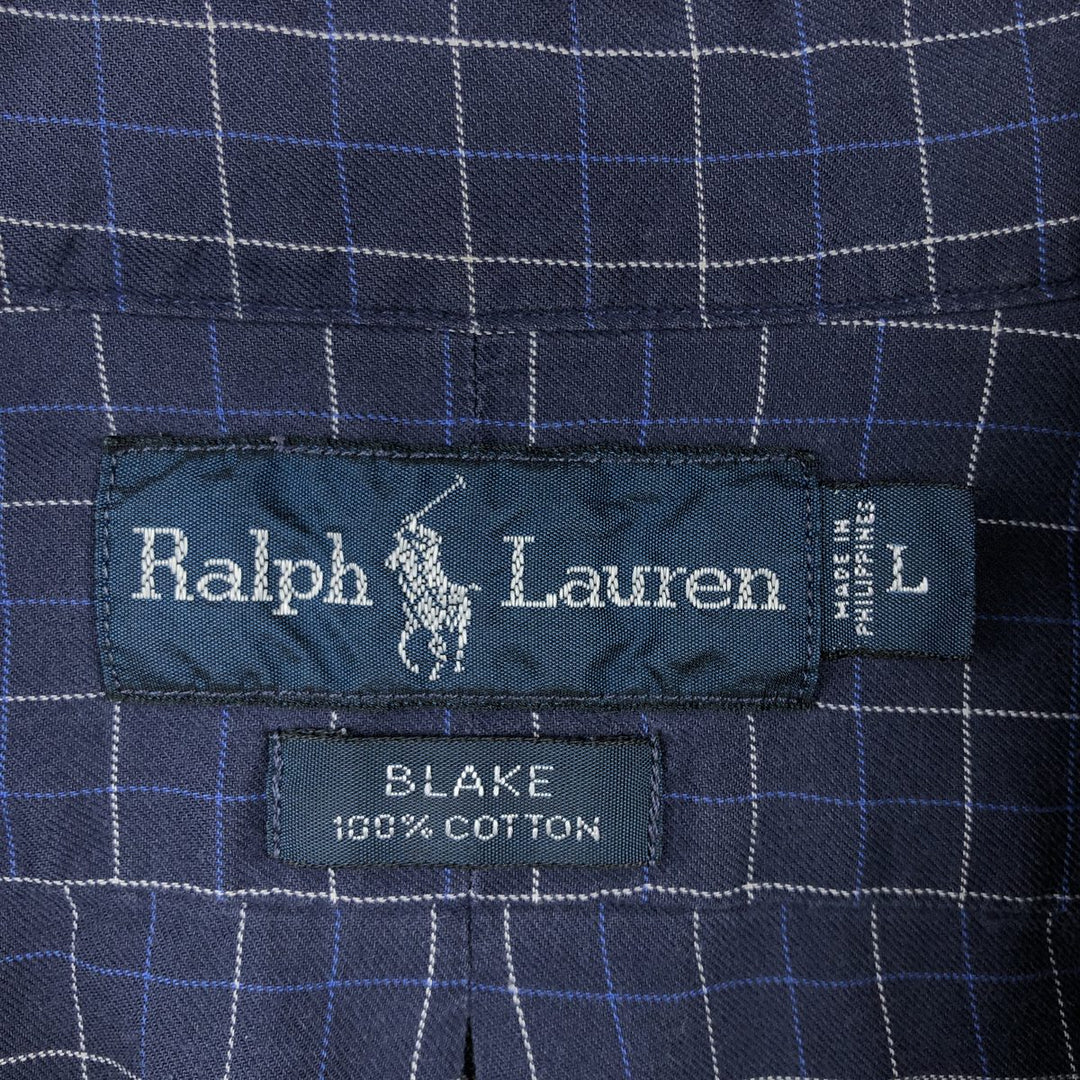 Ralph Lauren BLAKE long sleeve button down check shirt, men's size L cotton navy blue type Vintage Second Hand