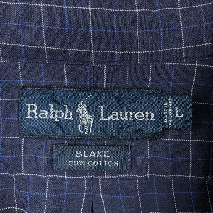 Ralph Lauren BLAKE long sleeve button down check shirt, men's size L cotton navy blue type Vintage Second Hand