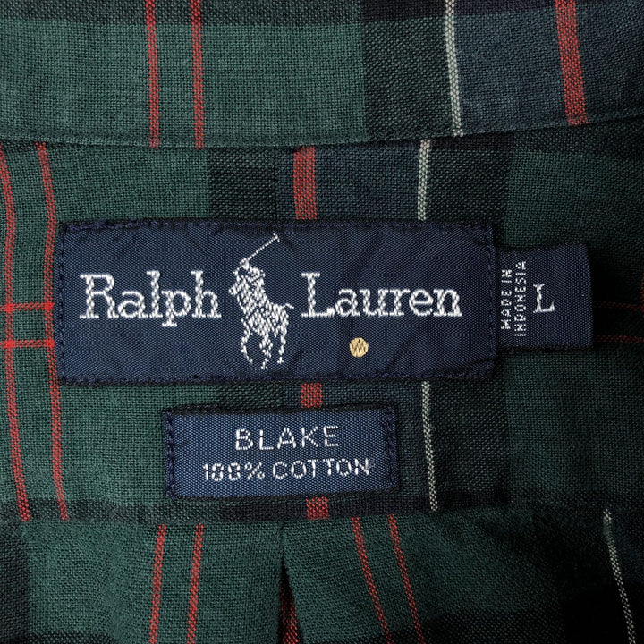 Ralph Lauren BLAKE long sleeve button down check shirt, men's size L cotton Green type dark green Vintage Second Hand