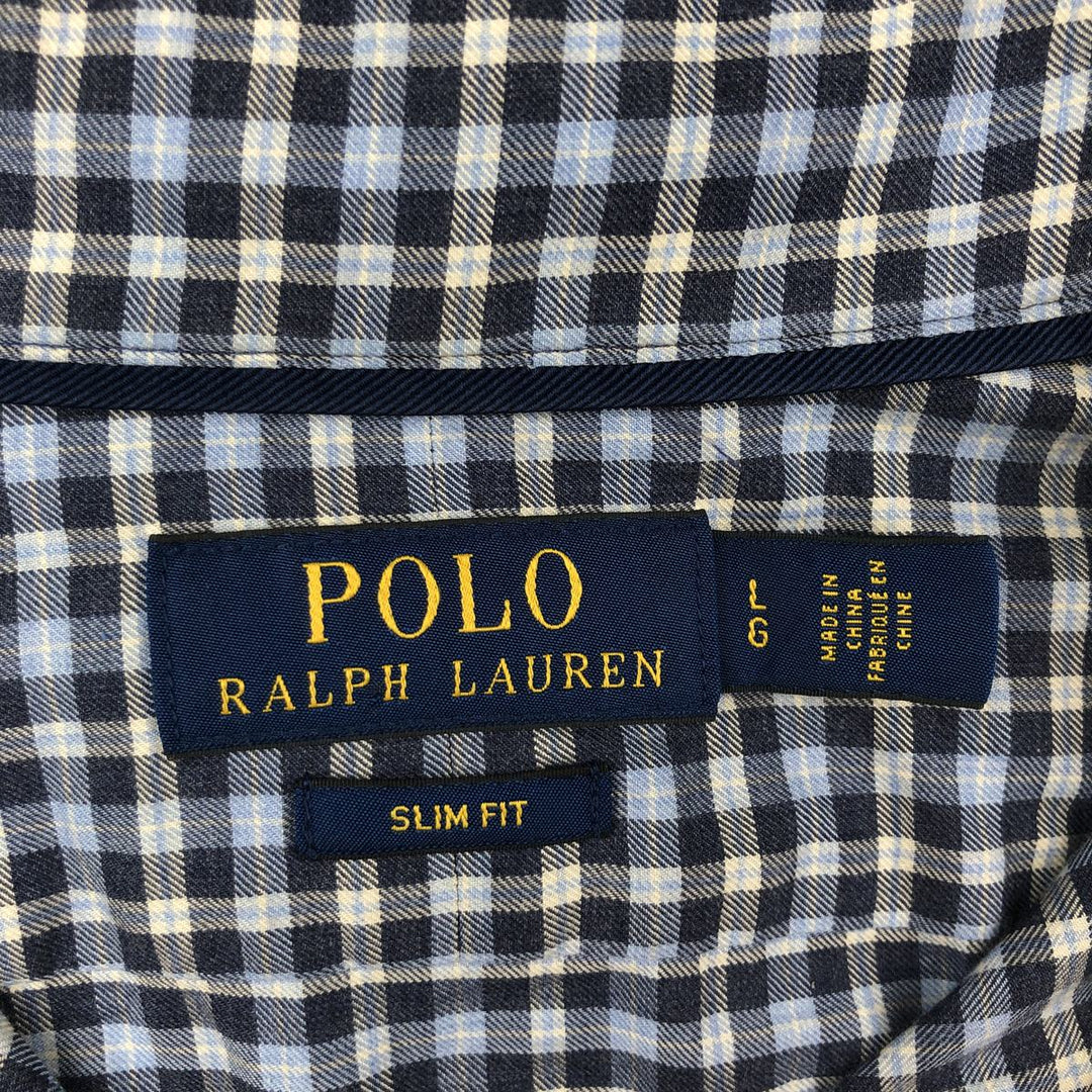 Ralph Lauren POLO RALPH LAUREN SLIM FIT Wide Collar Long Sleeve Cotton Check Shirt, Men's Size L (approx.) cotton navy blue type Vintage Second Hand