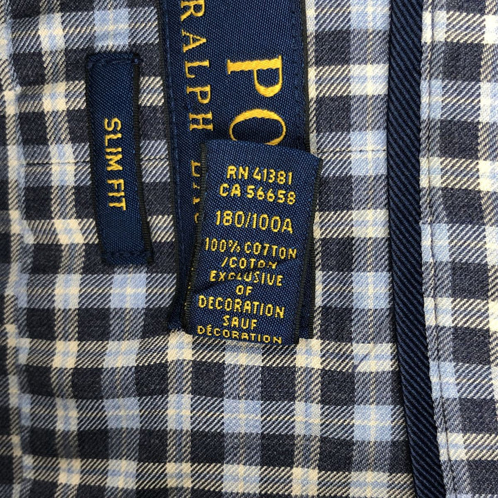 Ralph Lauren POLO RALPH LAUREN SLIM FIT Wide Collar Long Sleeve Cotton Check Shirt, Men's Size L (approx.) cotton navy blue type Vintage Second Hand