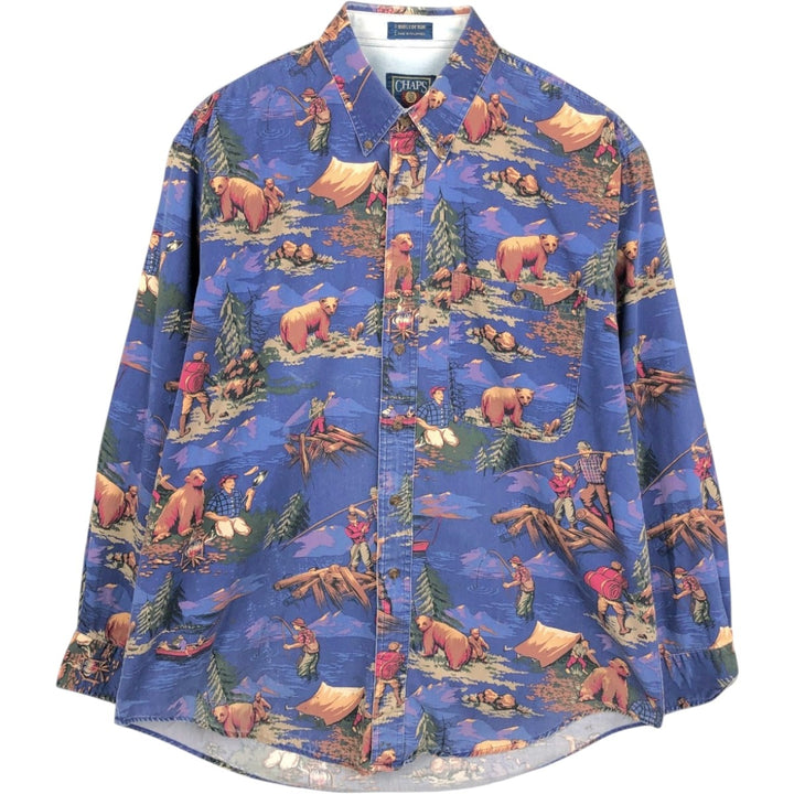 Vintage 1980'S Ralph Lauren Chaps all-over print long-sleeve button-down shirt, size L, men's cotton blue type Vintage Second Hand