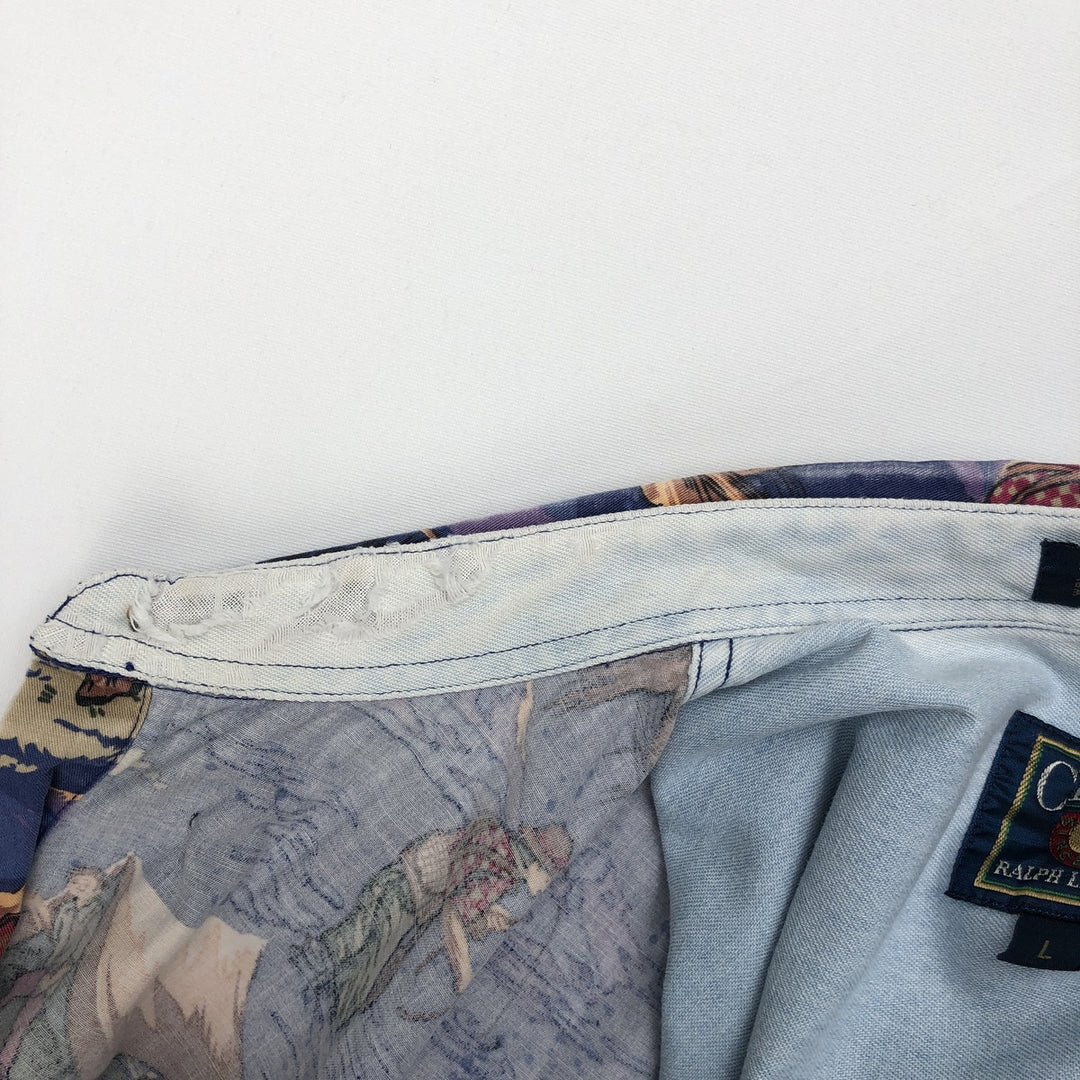 Vintage 1980'S Ralph Lauren Chaps all-over print long-sleeve button-down shirt, size L, men's cotton blue type Vintage Second Hand