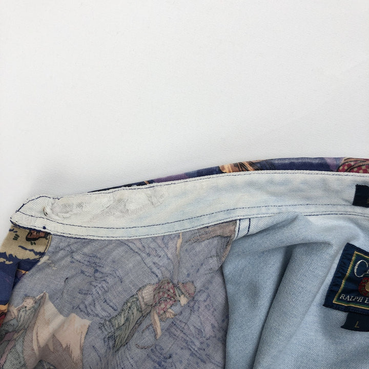 Vintage 1980'S Ralph Lauren Chaps all-over print long-sleeve button-down shirt, size L, men's cotton blue type Vintage Second Hand