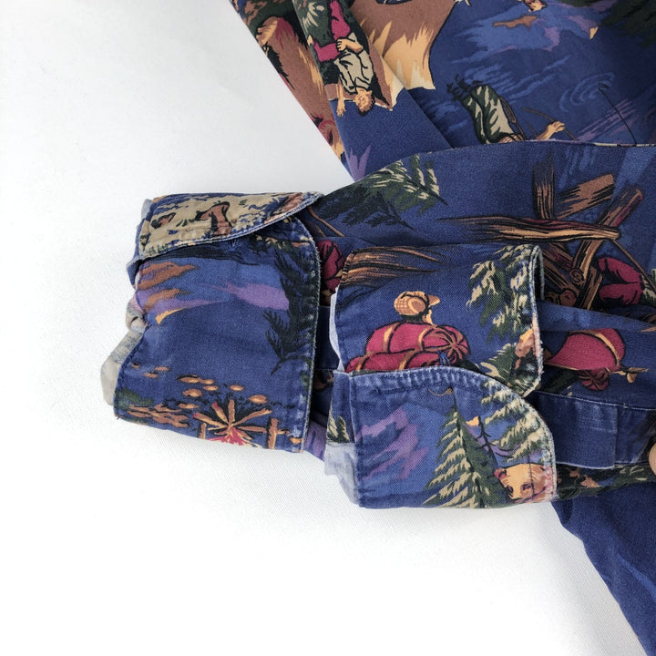 Vintage 1980'S Ralph Lauren Chaps all-over print long-sleeve button-down shirt, size L, men's cotton blue type Vintage Second Hand