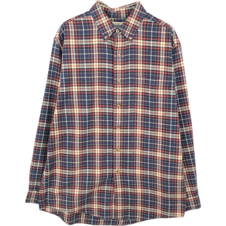 90s-00'S LLBean Long-Sleeve Button-Down Light Flannel Check Shirt, Men's Size M (approx.) cotton navy blue type Vintage Second Hand