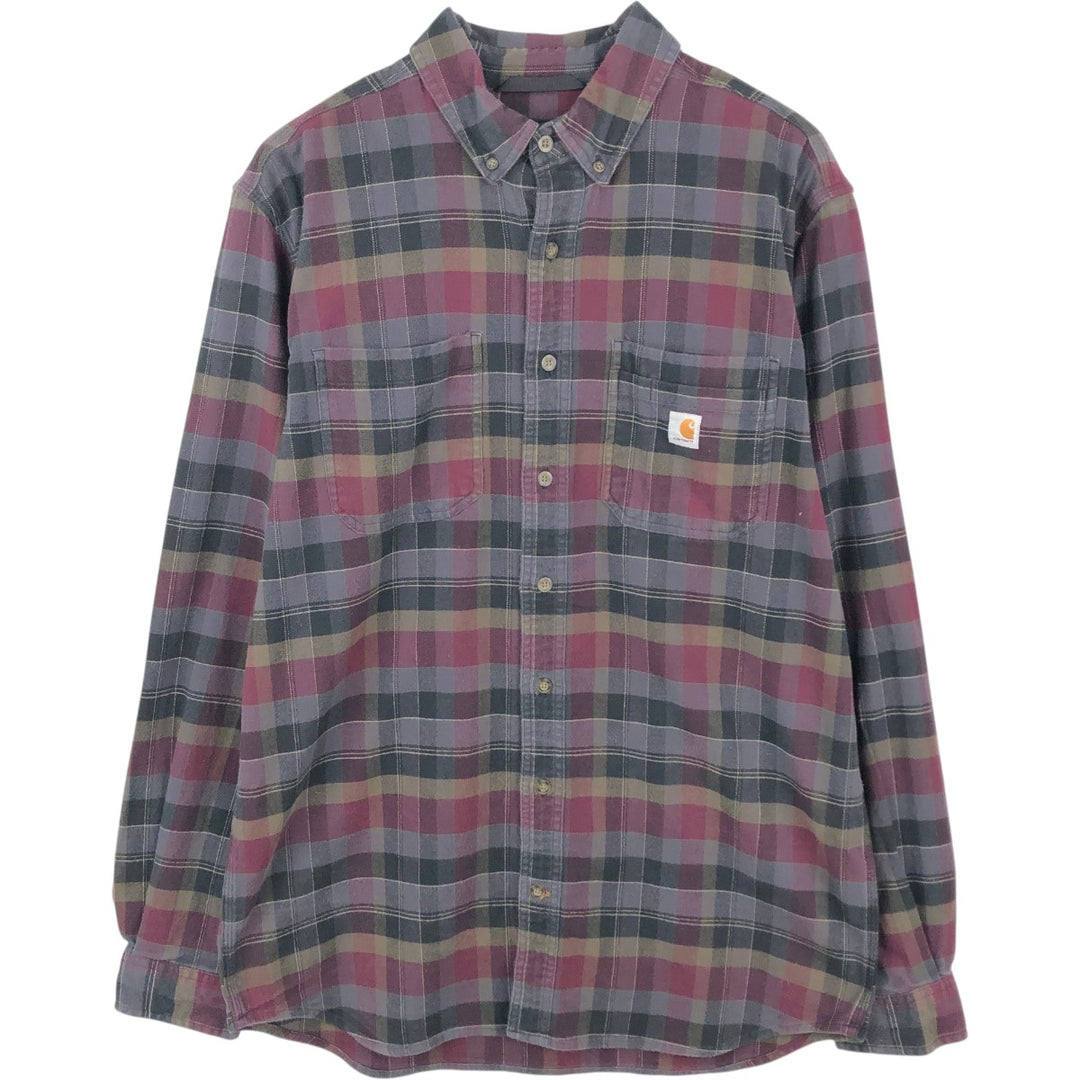 Carhartt Relaxed Fit Long Sleeve Button Down Light Flannel Check Shirt, Men's Size L cotton Charcoal Vintage Second Hand