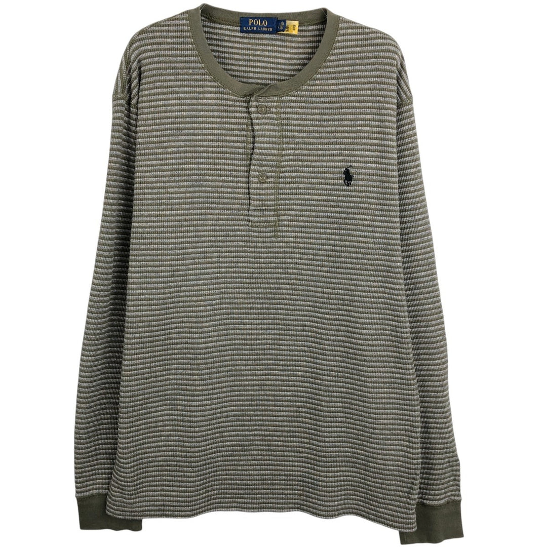 Ralph Lauren POLO RALPH LAUREN Striped Pattern Henley Neck Thermal Long-Sleeve T-Shirt (Waffle Knit) - Men's Size L (approx.) cotton Khaki type Vintage Second Hand