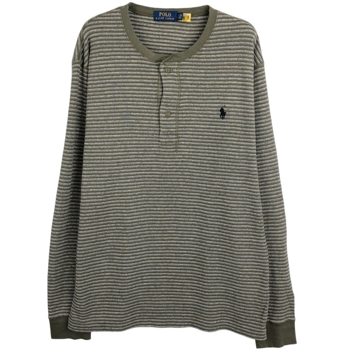 Ralph Lauren POLO RALPH LAUREN Striped Pattern Henley Neck Thermal Long-Sleeve T-Shirt (Waffle Knit) - Men's Size L (approx.) cotton Khaki type Vintage Second Hand
