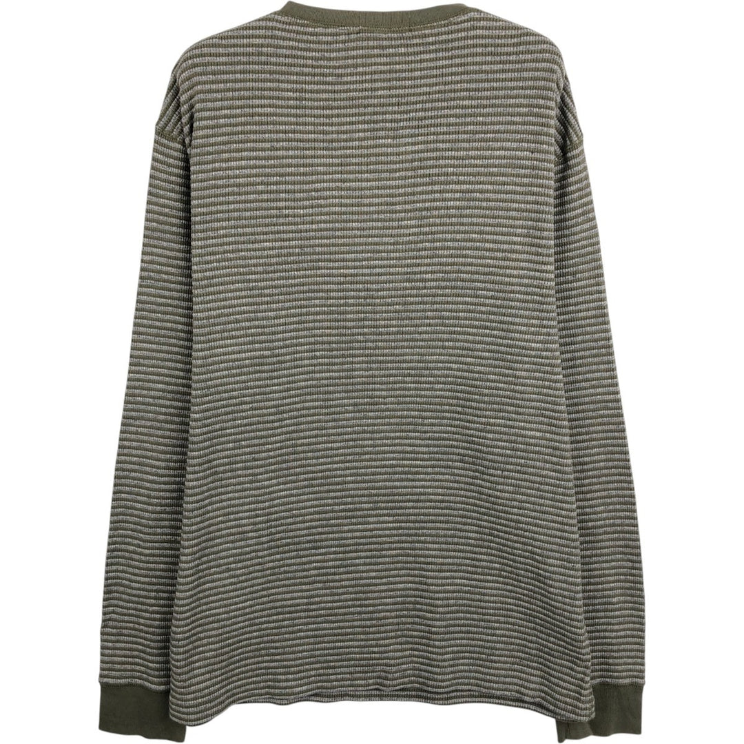 Ralph Lauren POLO RALPH LAUREN Striped Pattern Henley Neck Thermal Long-Sleeve T-Shirt (Waffle Knit) - Men's Size L (approx.) cotton Khaki type Vintage Second Hand
