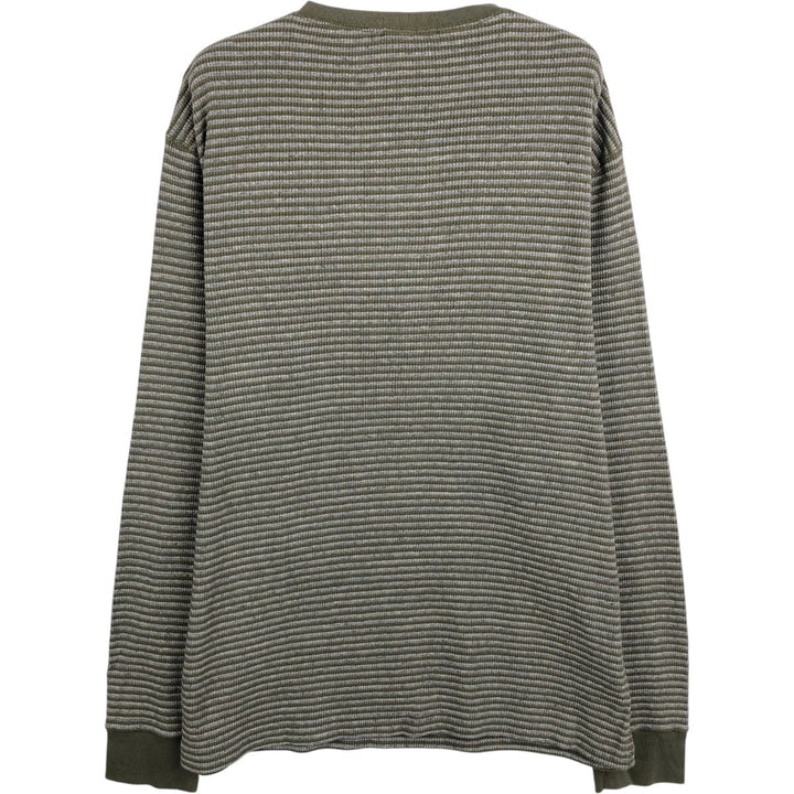 Ralph Lauren POLO RALPH LAUREN Striped Pattern Henley Neck Thermal Long-Sleeve T-Shirt (Waffle Knit) - Men's Size L (approx.) cotton Khaki type Vintage Second Hand