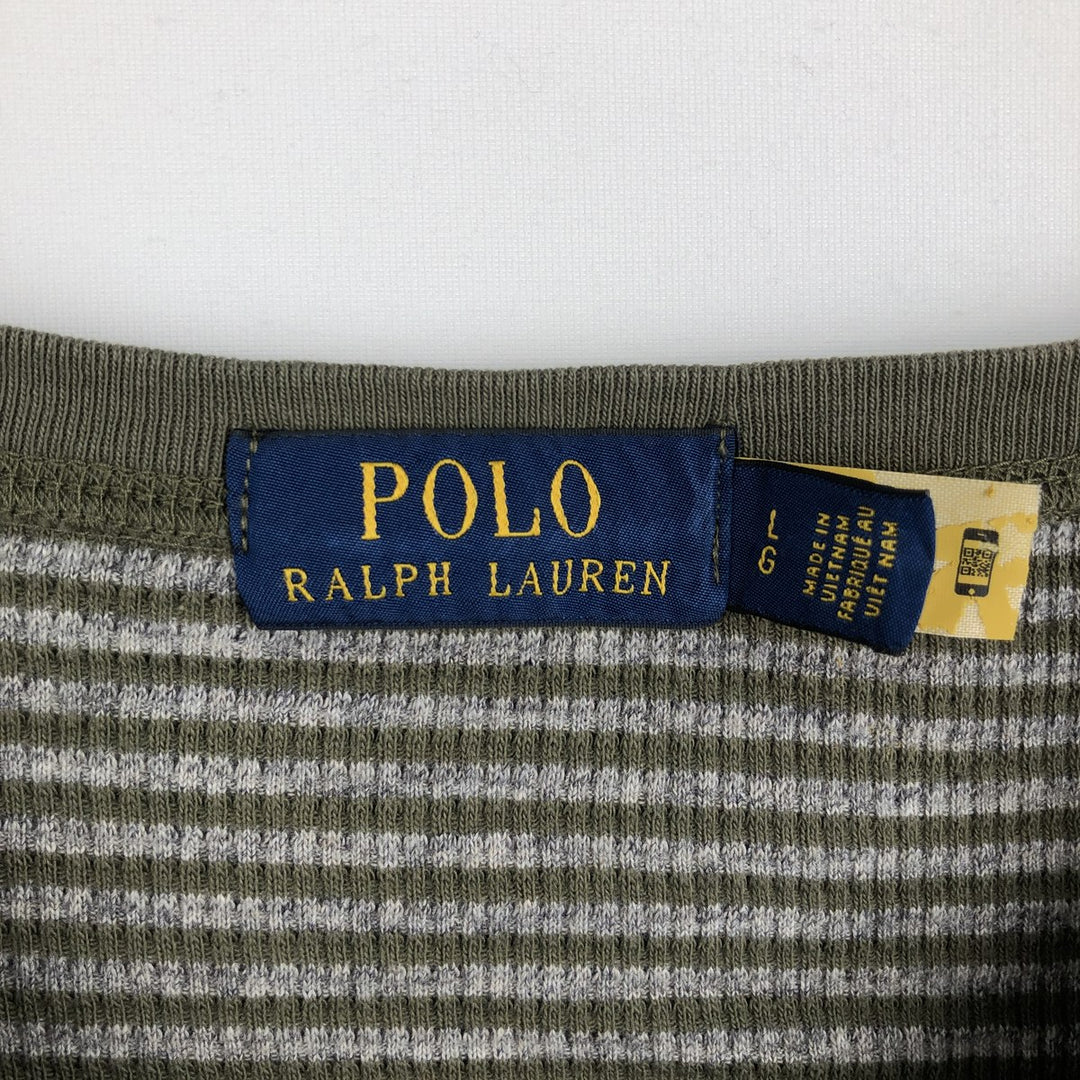 Ralph Lauren POLO RALPH LAUREN Striped Pattern Henley Neck Thermal Long-Sleeve T-Shirt (Waffle Knit) - Men's Size L (approx.) cotton Khaki type Vintage Second Hand