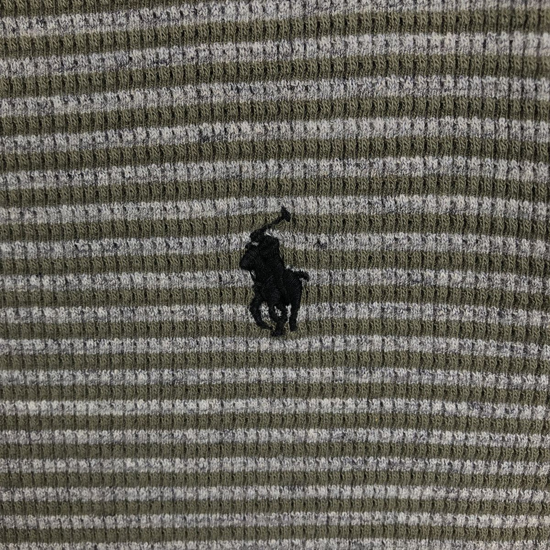 Ralph Lauren POLO RALPH LAUREN Striped Pattern Henley Neck Thermal Long-Sleeve T-Shirt (Waffle Knit) - Men's Size L (approx.) cotton Khaki type Vintage Second Hand