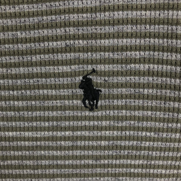 Ralph Lauren POLO RALPH LAUREN Striped Pattern Henley Neck Thermal Long-Sleeve T-Shirt (Waffle Knit) - Men's Size L (approx.) cotton Khaki type Vintage Second Hand