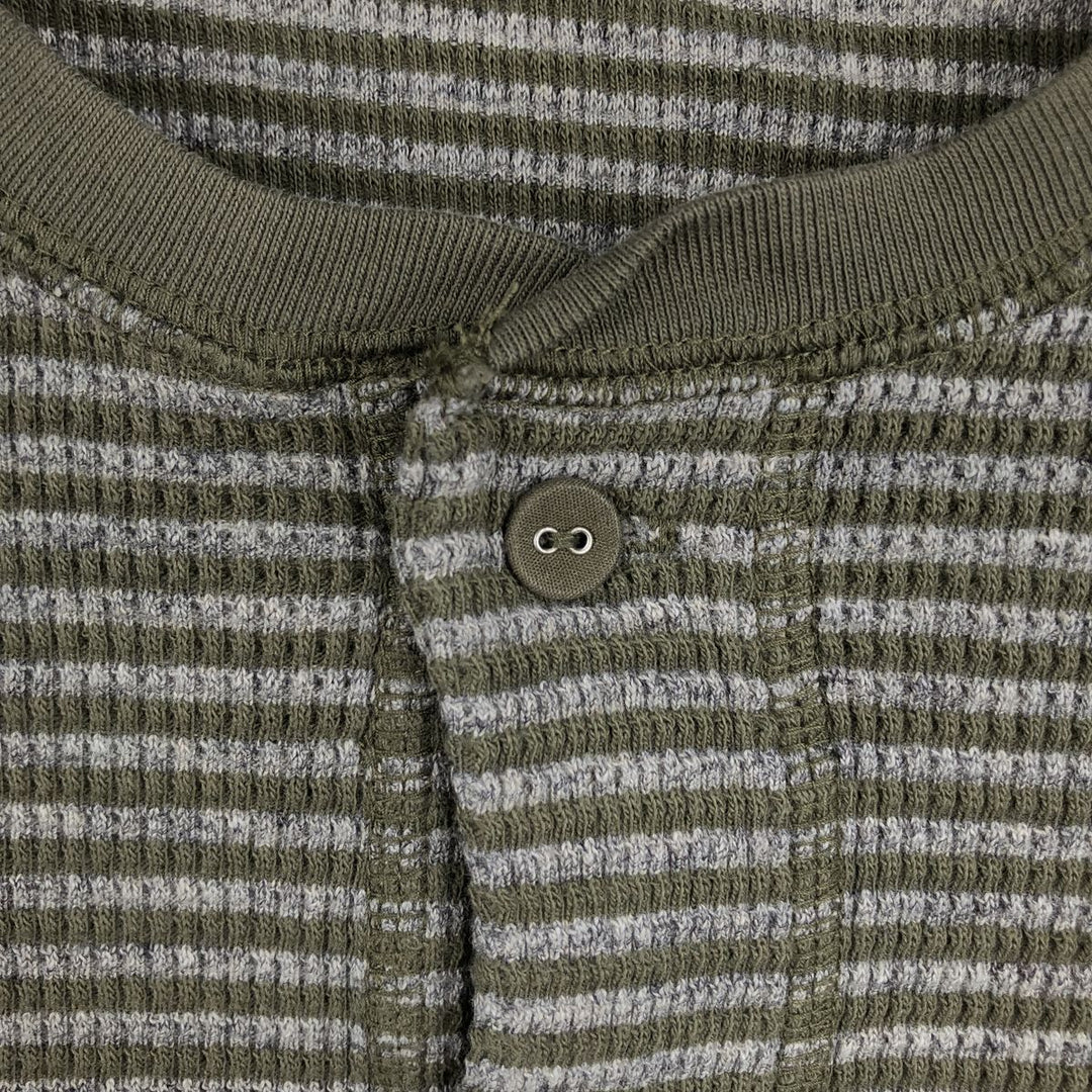 Ralph Lauren POLO RALPH LAUREN Striped Pattern Henley Neck Thermal Long-Sleeve T-Shirt (Waffle Knit) - Men's Size L (approx.) cotton Khaki type Vintage Second Hand