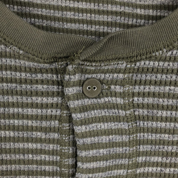 Ralph Lauren POLO RALPH LAUREN Striped Pattern Henley Neck Thermal Long-Sleeve T-Shirt (Waffle Knit) - Men's Size L (approx.) cotton Khaki type Vintage Second Hand