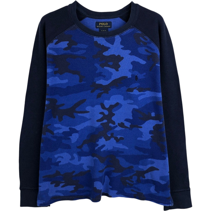 Ralph Lauren POLO RALPH LAUREN Camouflage Pattern Thermal Long-Sleeve T-Shirt (Waffle Knit) - Men's Size XL (approx.) cotton blue type Vintage Second Hand