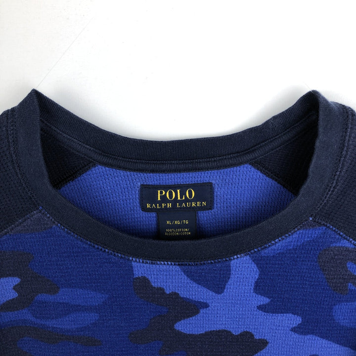 Ralph Lauren POLO RALPH LAUREN Camouflage Pattern Thermal Long-Sleeve T-Shirt (Waffle Knit) - Men's Size XL (approx.) cotton blue type Vintage Second Hand