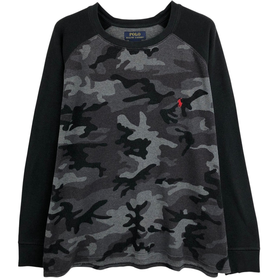Ralph Lauren POLO RALPH LAUREN Camouflage Pattern Thermal Long-Sleeve T-Shirt (Waffle Knit) - Men's Size XL (approx.) cotton gray type Vintage Second Hand