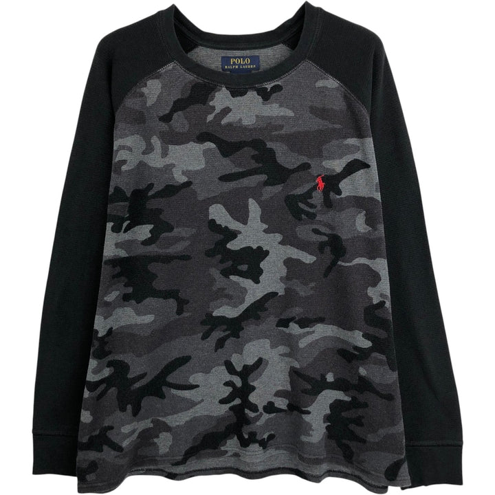 Ralph Lauren POLO RALPH LAUREN Camouflage Pattern Thermal Long-Sleeve T-Shirt (Waffle Knit) - Men's Size XL (approx.) cotton gray type Vintage Second Hand