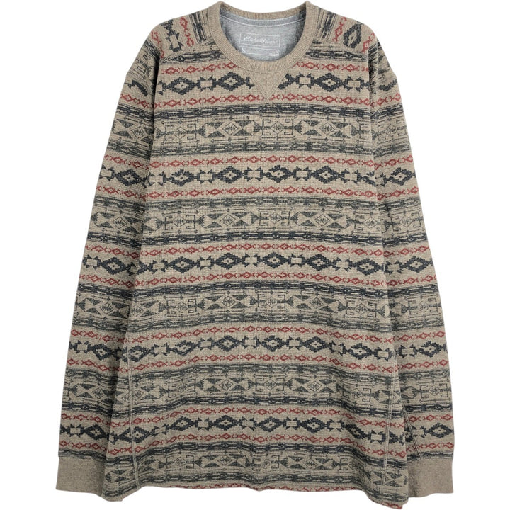 Eddie Bauer All-over Native Pattern Thermal Long-Sleeve T-Shirt (Waffle Knit) - Men's Size L (approx.) cotton Khaki type Vintage Second Hand
