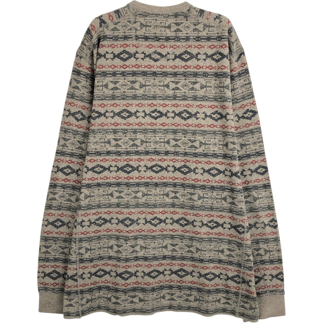 Eddie Bauer All-over Native Pattern Thermal Long-Sleeve T-Shirt (Waffle Knit) - Men's Size L (approx.) cotton Khaki type Vintage Second Hand