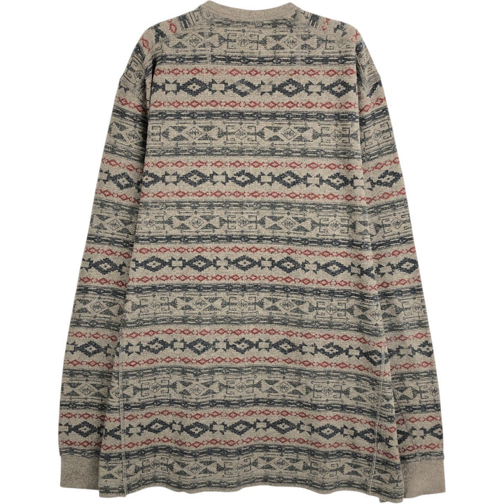 Eddie Bauer All-over Native Pattern Thermal Long-Sleeve T-Shirt (Waffle Knit) - Men's Size L (approx.) cotton Khaki type Vintage Second Hand