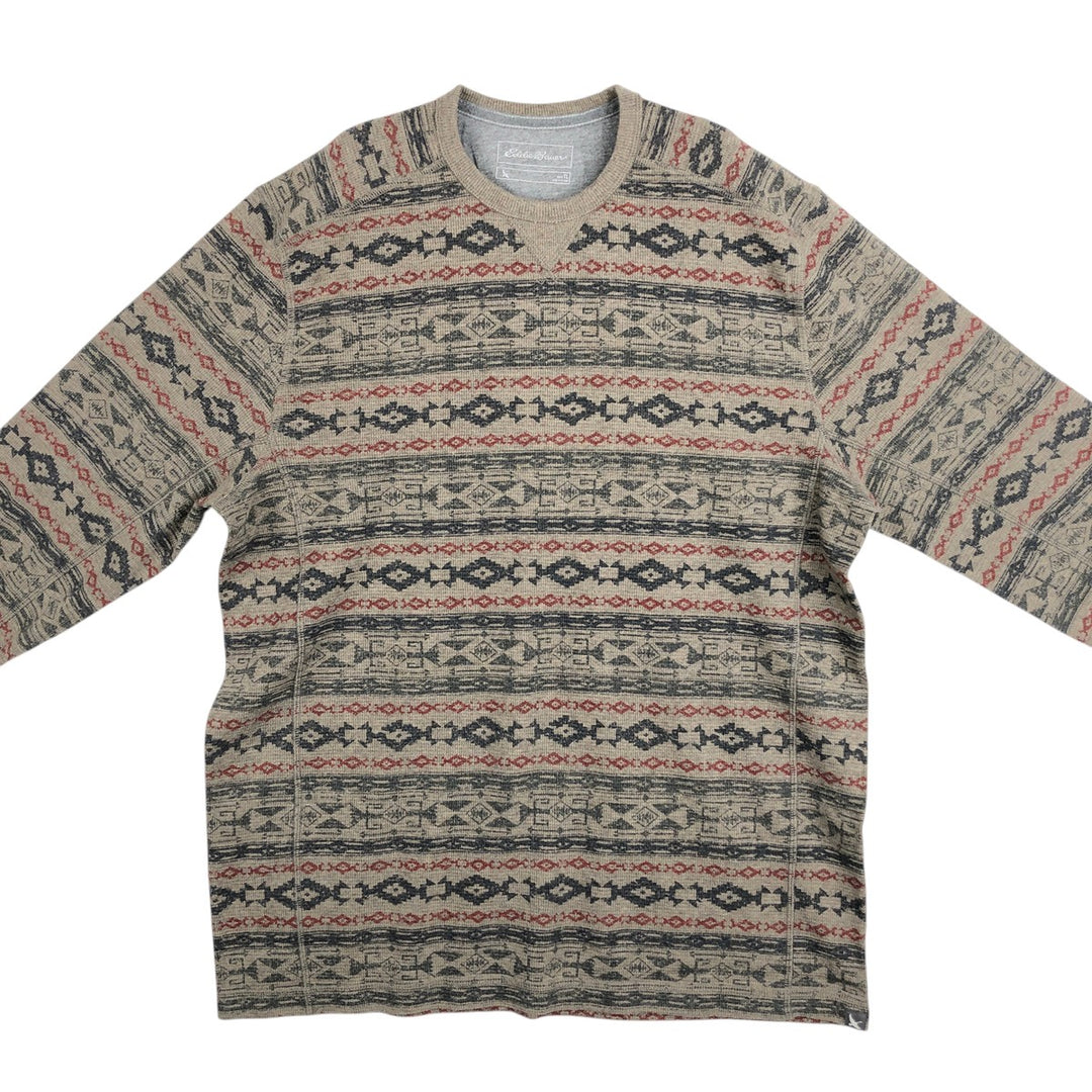 Eddie Bauer All-over Native Pattern Thermal Long-Sleeve T-Shirt (Waffle Knit) - Men's Size L (approx.) cotton Khaki type Vintage Second Hand